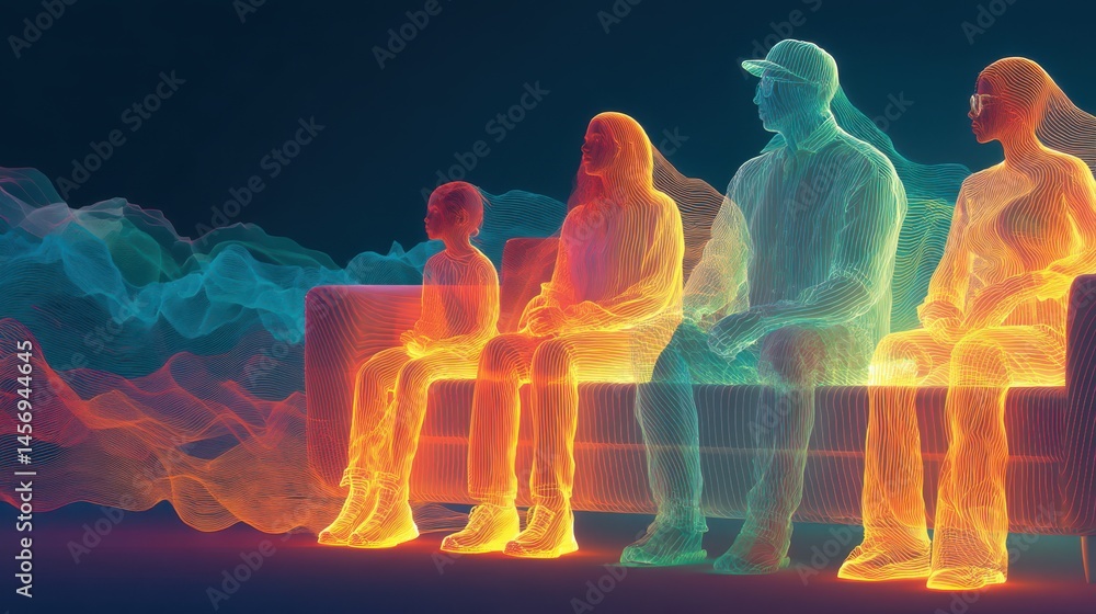 Poster technology style whit net glowing wave,glowing line glow wave,glow line , multiethnic family on sofa