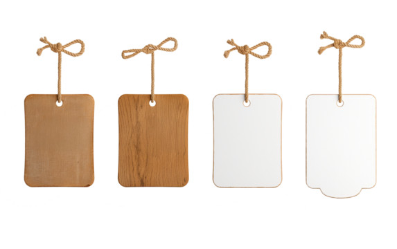 Set of wooden and white blank tags with rope bows on white background. Isolated object concept.