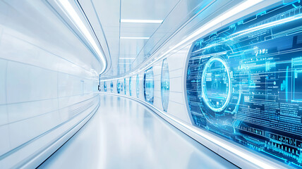 Obraz premium futuristic corridor with sleek white walls and glowing blue digital displays, creating high tech atmosphere