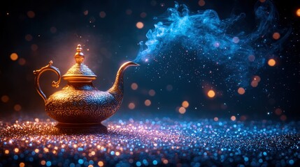 Naklejka premium Golden magic lamp with blue smoke