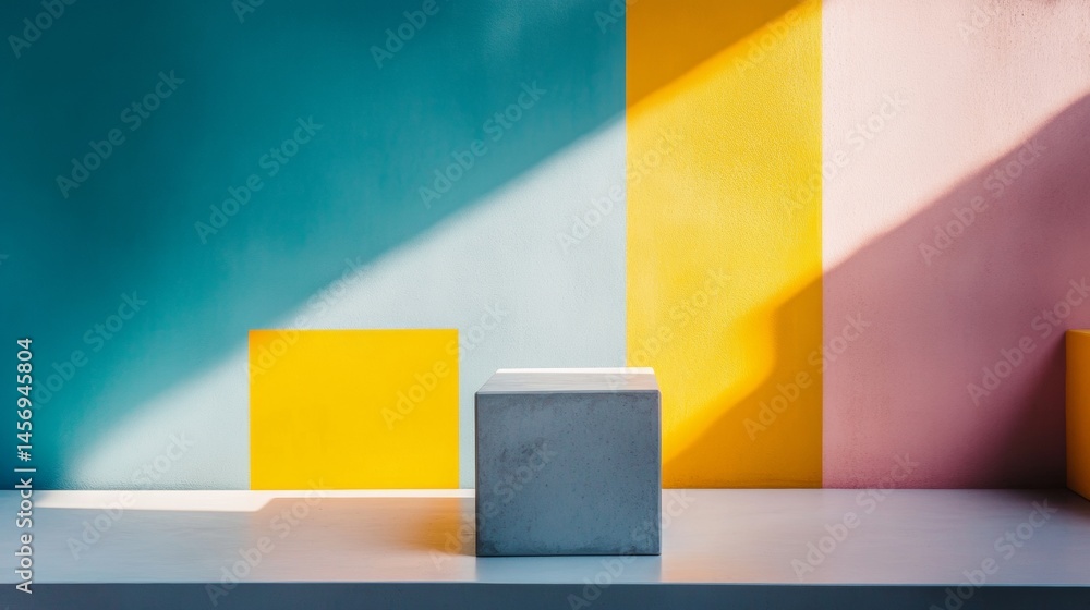 Poster abstract composition with geometric blocks casting shadows against vibrant yellow and blue backgroun