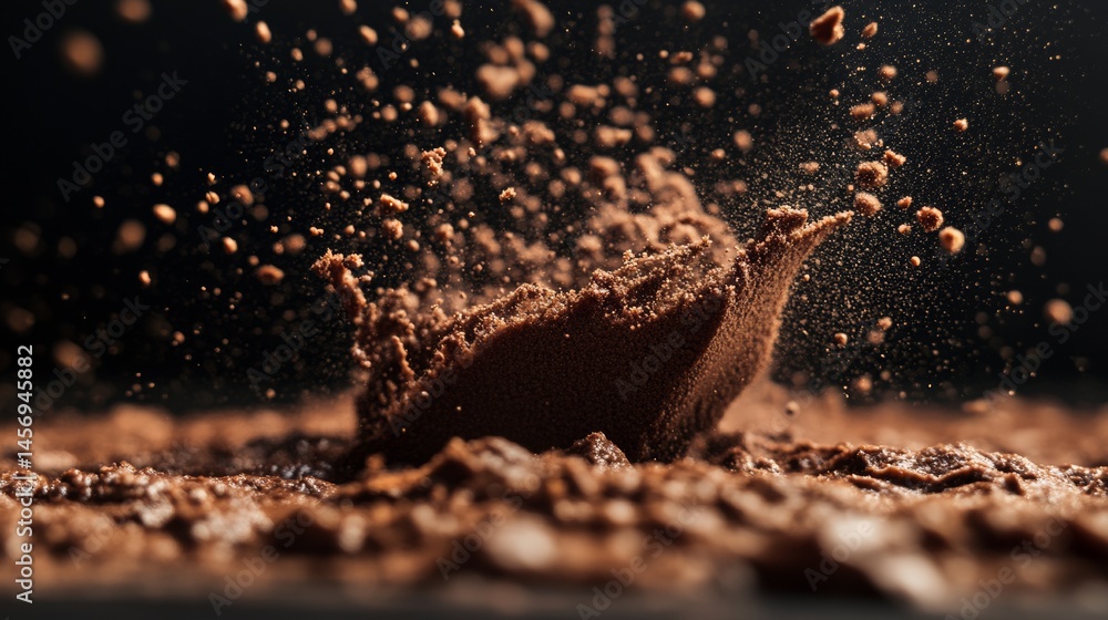 Poster splashing cocoa powder above dark chocolate bar on table in slow motion action shot