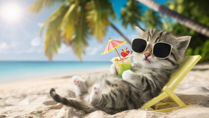 cat on the beach with cocktail