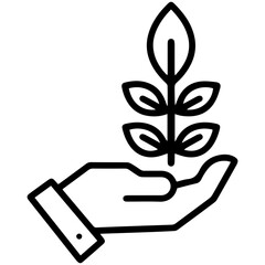 Hand with a seed sampling (outline style). A hand presents a small mound from which a plant with leaves is growing, symbolizing growth, care, or nature. Represents nurturing new life, environmental