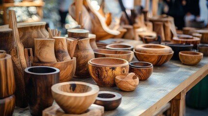 Fototapeta premium Handcrafted wooden bowls and kitchenware on display in artisanal craft market