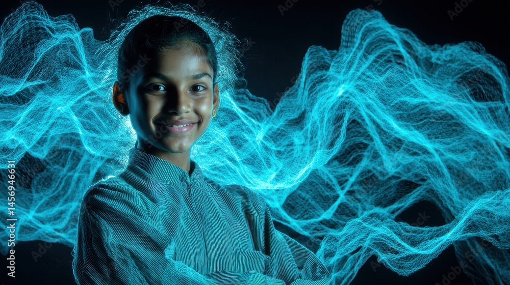 Poster technology style whit net glowing wave,glowing line glow wave,glow line , portrait of smiling indian