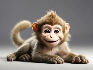 A cheerful monkey lying down on a white background