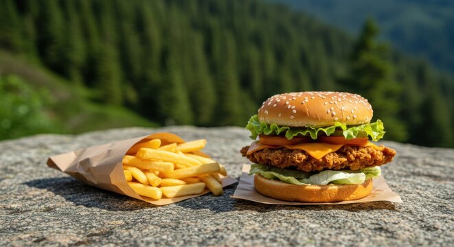 Delicious fried chicken burger with cheese and fresh lettuce served with golden fries in nature - burger fries