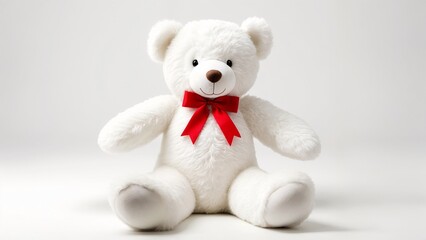 A white teddy bear with a red bow sitting on a white surface.