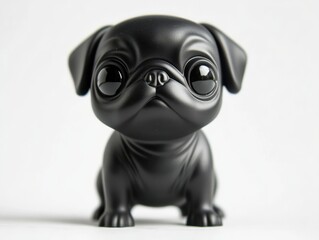 Black vinyl figure pug toy close-up isolated on white background