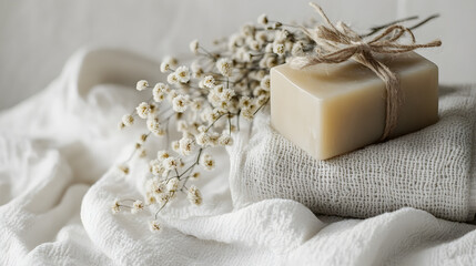 ethically curated care package for wellness, white linen background