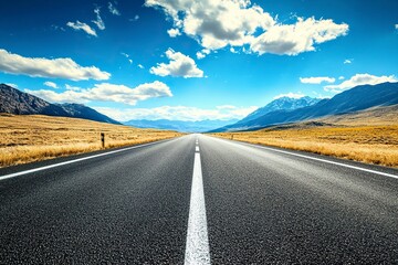 Naklejka premium Sunny day, asphalt road with white lines winding through the mountains of Spain. Beautiful natural landscape background with a blue sky and fluffy clouds. Travel concept. 