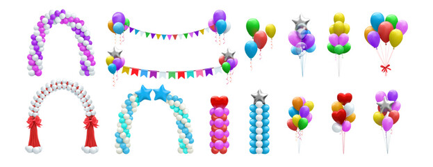 Balloon arch. Ballon garland, happy birthday party. Wedding helium decoration, anniversary day celebration. Grand opening decoration, carnival elements. Vector cartoon 3d isolated set