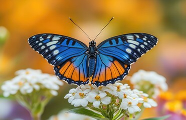 Blue butterfly on white flowers, garden, nature, wildlife photography, stock image