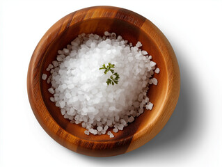 Plakat Fine white sea salt in a round wooden bowl, top view, isolated on a white background.