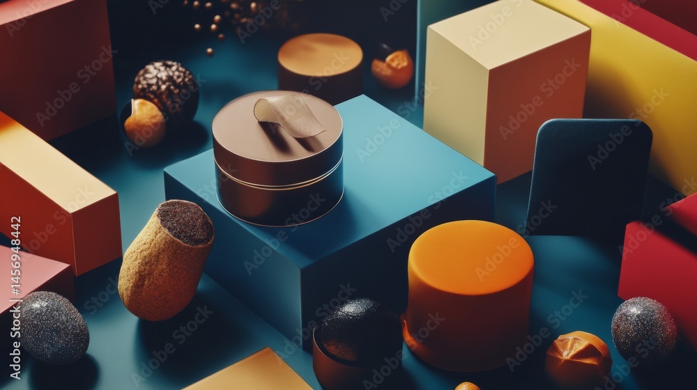 Poster colorful arrangement of geometric 3d objects with shadows in a vibrant and modern style scene