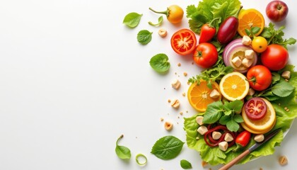 fresh salad arranged in the top left corner on a white background, in a simple food photography style, with soft lighting, clear empty areas, high resolution