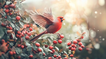 Cardinal bird perched among red berries in sunlit soft-focus natural background