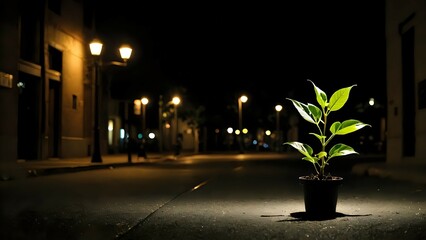 A small plant in a pot sits on a city street at night, illuminated by streetlights. The scene evokes themes of resilience, hope, and urban nature.