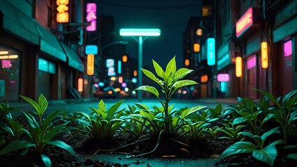 Lush green plants thrive amidst a vibrant, neon-lit city street at night, showcasing a juxtaposition of nature and urban life.