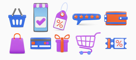 3D discount icons. Gift card. New sale coupon or certificate. Price tag. Wallet and money card. Shopping bag. Special offer voucher. Store cart or basket. Customer star. Vector render set