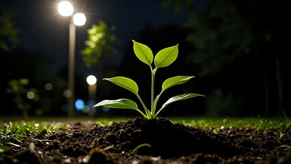 A young plant seedling emerges from dark soil at night, illuminated by a streetlight in the background, symbolizing growth, hope, and resilience.