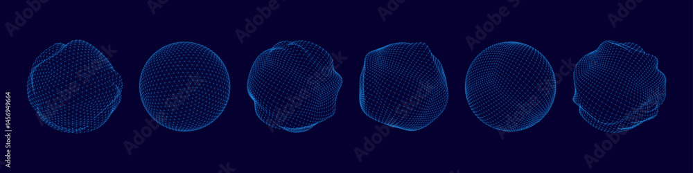 Poster Dot sphere. 3D line tech globe. Polygon data pattern world or mesh digital structure. Global futuristic shapes. Molecule curve form. Minimal wavy ball. Bubble model. Vector isolated set