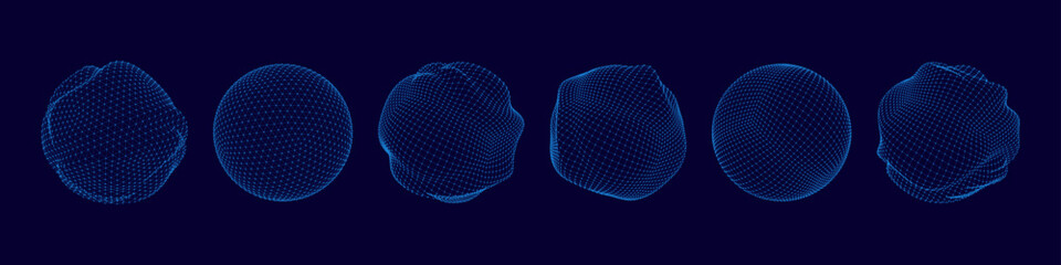 Dot sphere. 3D line tech globe. Polygon data pattern world or mesh digital structure. Global futuristic shapes. Molecule curve form. Minimal wavy ball. Bubble model. Vector isolated set © SpicyTruffel