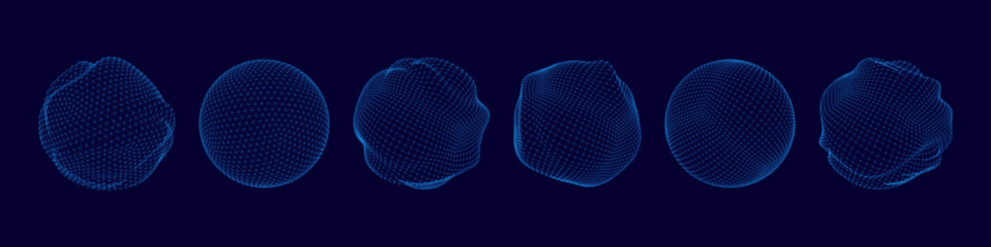 Dot sphere. 3D line tech globe. Polygon data pattern world or mesh digital structure. Global futuristic shapes. Molecule curve form. Minimal wavy ball. Bubble model. Vector isolated set