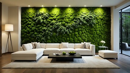 Modern living room interior design featuring a stunning moss wall, white sectional sofa, and elegant coffee table. Luxurious and eco-friendly home decor.