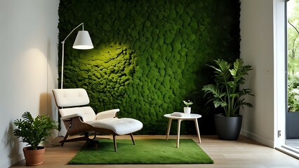 Relaxing modern living room interior with a moss wall, armchair, and plants. Perfect for wellness, tranquility, and biophilic design concepts.