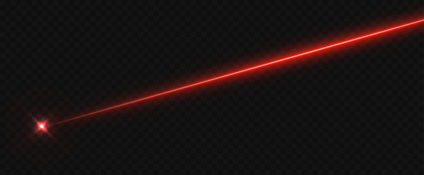 Neon red laser line isolated on black. Bright horizontal beam with flare, glow, and energy burst effect. Futuristic spotlight or medical laser concept.