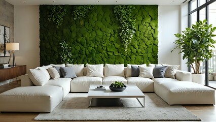 Modern living room interior design featuring a large sectional sofa, a stunning moss wall, and stylish decor.  Perfect for showcasing contemporary home design and interior decorating ideas.