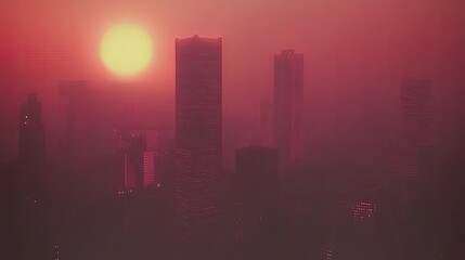 Fototapeta premium Sunset view of a hazy cityscape.