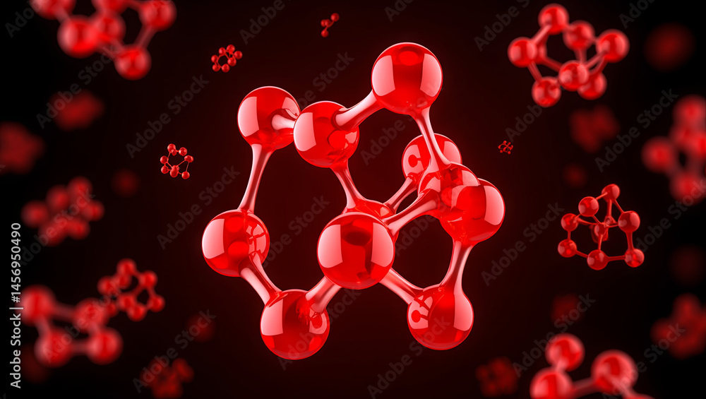 Poster red molecular structures float in a dark environment, displaying intricate atomic bonds. the design 