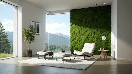 Serene living room with moss wall, modern furniture, and mountain view. Ideal for relaxation and tranquility.