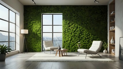 Modern living room interior design with a stunning moss wall, large windows offering a city view, and comfortable white lounge chairs.