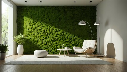 Modern living room interior design with a stunning moss wall, featuring a comfortable armchair, floor lamp, and plush rug.  Perfect for relaxation and tranquility.