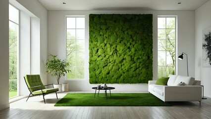 Modern living room interior design with a large preserved moss wall, green armchair, white sofa, and green carpet.  Bright natural light streaming through large windows.