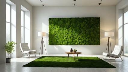 Modern living room interior design featuring a large moss wall, green rug, white armchairs, and wooden tripod lamps, creating a serene and eco-friendly atmosphere.