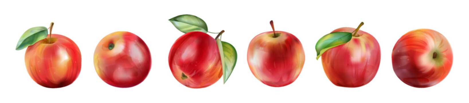 Vintage apple set. Watercolor red fruit sketch, juicy green leaf or leaves texture, graphic food or juice. Realistic whole food different side view. Autumn harvest. Vector isolated background
