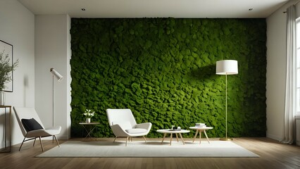 Modern living room interior design featuring a stunning moss wall, white armchair, and minimalist decor. Perfect for showcasing eco-friendly home design concepts.