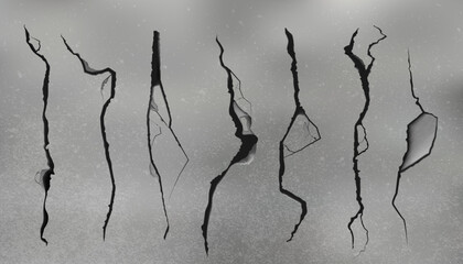Fototapeta premium Wall crack. Broken stone texture. Earthquake scratch. Shattered concrete fissure. Cement or asphalt background. 3D land destruction split. Grungy cleft. Vector broken surface effects set
