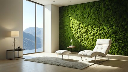 Modern minimalist living room with a moss wall, white chaise lounge, and mountain view. Perfect for relaxation and tranquility.
