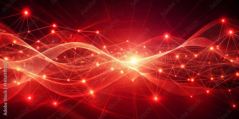Poster glowing red waves and interconnected nodes create an abstract design, symbolizing the complexity of 