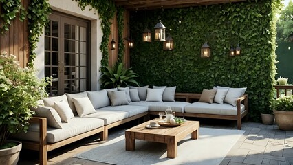 Serene outdoor patio scene with wooden furniture, lush greenery, and hanging lanterns. Perfect for relaxation and luxury living.