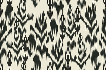 Seamless abstract ikat pattern in black and beige, ethnic tribal textile design, traditional Indonesian fabric, boho home decor background, grunge zigzag motif vector.