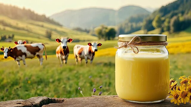 Ghee oil against the background of grazing cows. Selective focus. Nature.