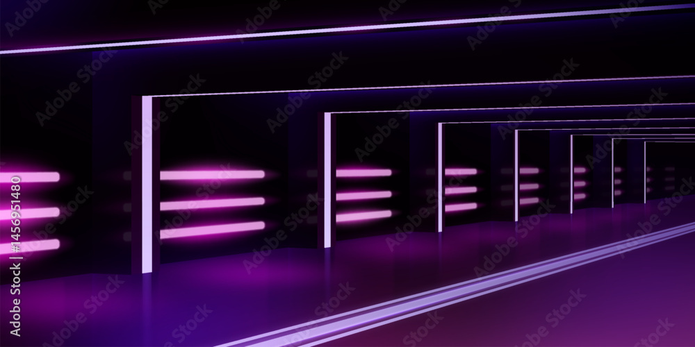 Poster Red casino bg. Futuristic neon speed arrow. 3D gamer forward move lights. Fast tech lines. Empty database hall. Perspective view. Led spotlight. Cyberpunk interior. Vector background