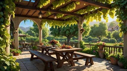 Idyllic outdoor dining setting; rustic wooden table, benches beneath a vine-covered pergola, overlooking a picturesque landscape bathed in warm sunlight.